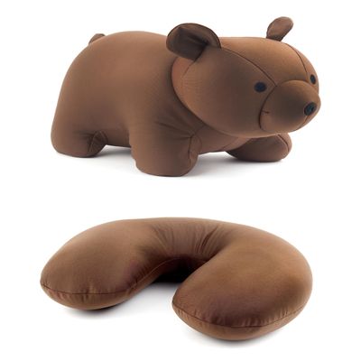 Kikkerland Zip and Flip Brown Bear Travel Comfortable & Breathable Soft Neck Pillow, Grey, for Sleeping, Flight Head Rest, Easy to Carry, Neck Support