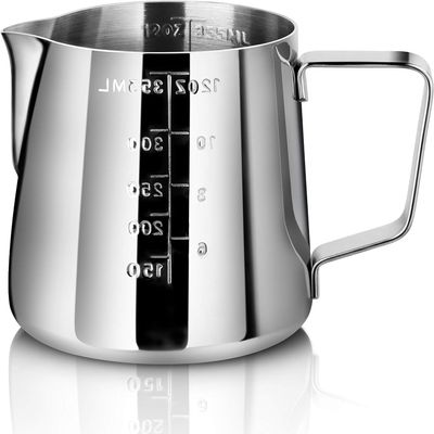 New Star Foodservice 28805 Commercial Grade Stainless Steel 18/8 Frothing Pitcher, 12-Ounce with Measurement Scale