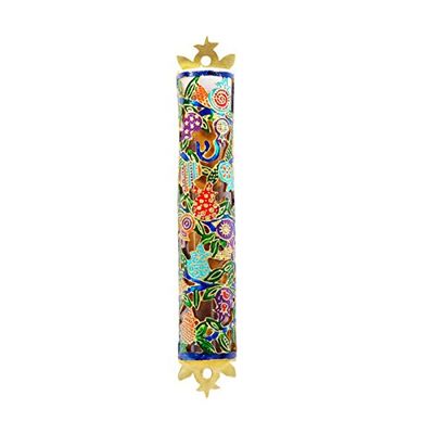 Yair Emanuel Mezuzah Scroll Case for Door Judaica Laser Cut Hand Painted MEZUZAH Pomegranates Colores (Bundle)
