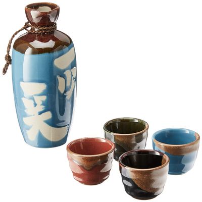 Kotobuki Issho Japanese Calligraphy Sake Set, Laugh to Stay Young", Turquoise