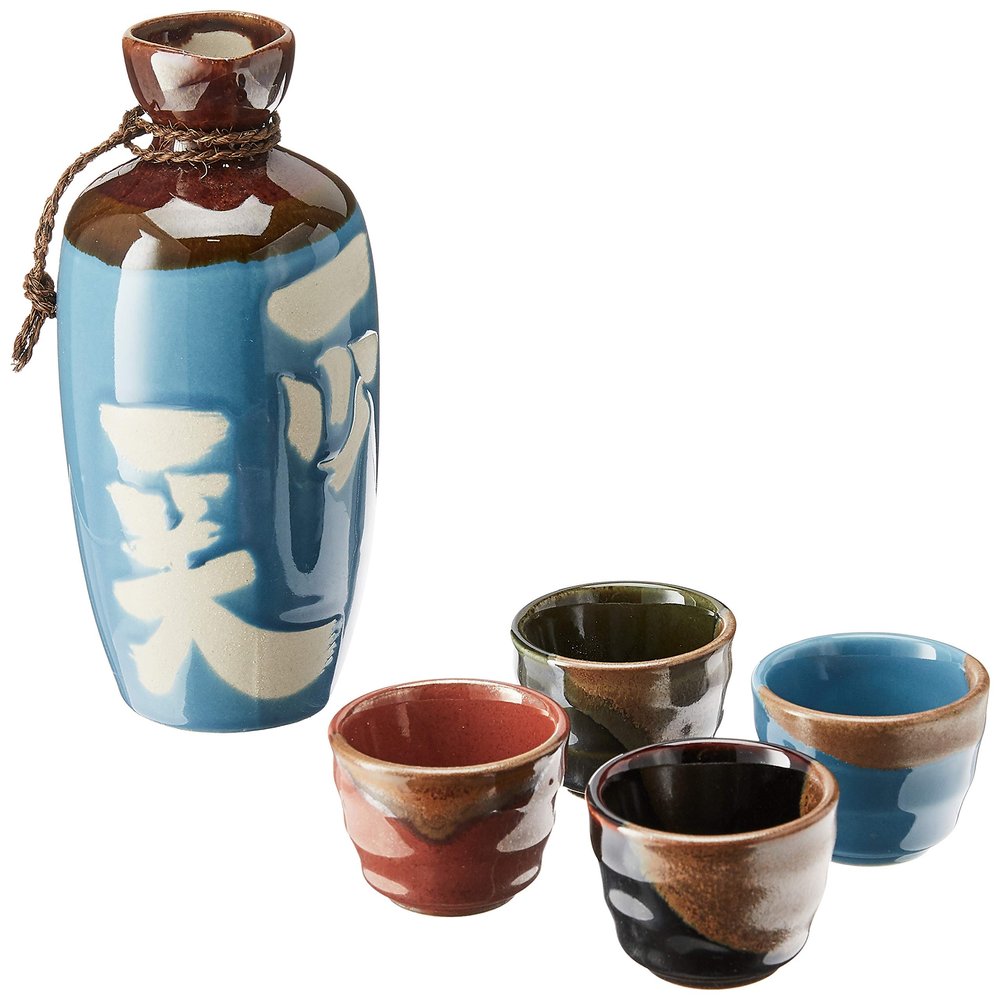 Kotobuki Issho Japanese Calligraphy Sake Set, Laugh to Stay Young", Turquoise