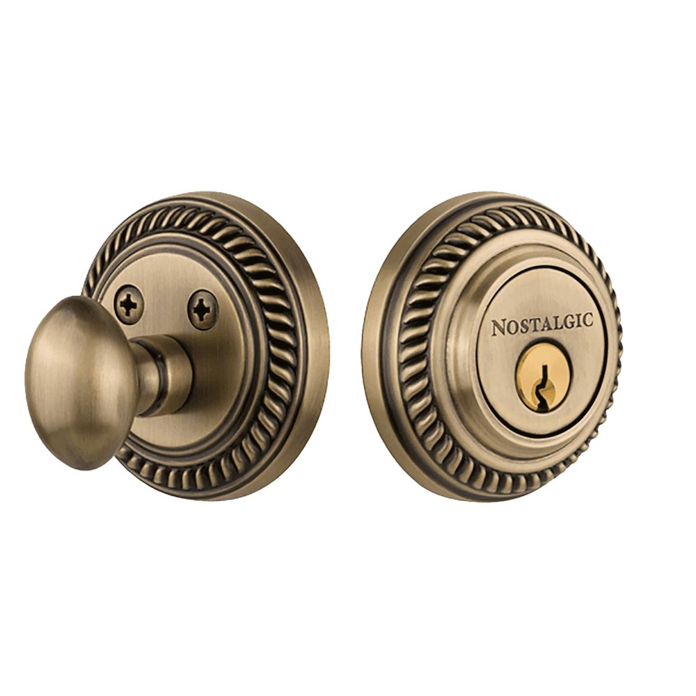 Nostalgic Warehouse 702283 Rope Rosette Single Cylinder Deadbolt in Antique Brass,