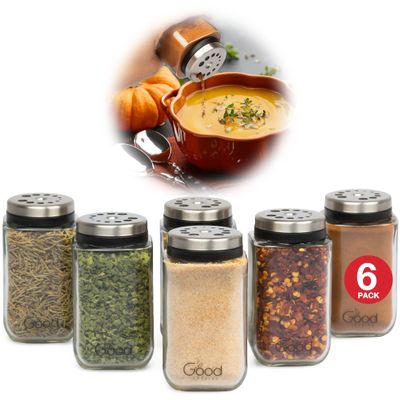 Adjustable Glass Spice Jars (Set of 6) with 6 Pouring Sizes- Stainless Steel Lid/Cap- Square Seasoning Bottle Containers for Minimalist Kitchen Pantry Storage Organization- Fill Shaker w Salt Pepper