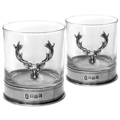 English Pewter Company 11oz Old Fashioned Whisky Rocks Glass Set With Pewter Stag Deer Head and Base [STAG105]