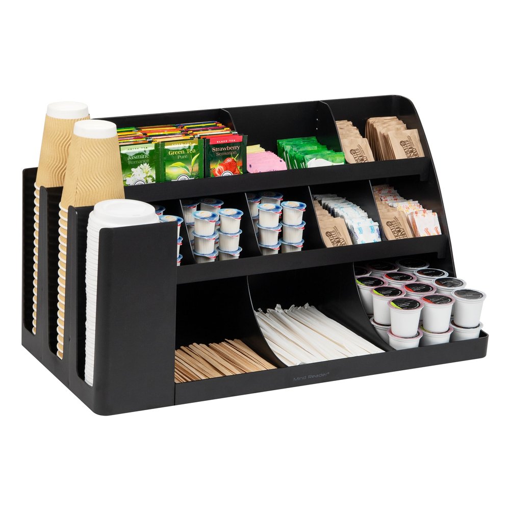 Mind Reader Extra Large Cup and Condiment Station, Countertop Organizer, Coffee Bar, Kitchen, Stirrers, 24"L x 11.5"W x 12.5"H, Black