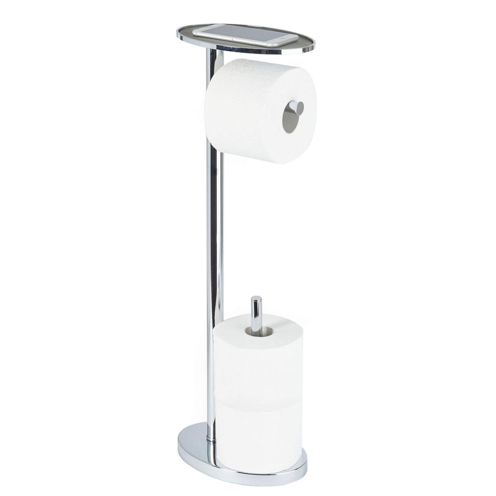 Better Living Ovo Toilet Caddy with Top Shelf, Bathroom Toilet Paper Storage Holder Stand with Dispenser and Reserve for 2 Extra Jumbo Rolls, Metal Freestanding Toilet Paper Roll Holder, Chrome