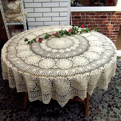 USTIDE 63-inch Round Crochet Lace Tablecloth Beige Gorgeous Dining Living Room Kitchen Tablecloth