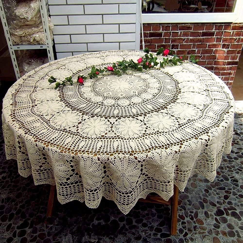 USTIDE 63-inch Round Crochet Lace Tablecloth Beige Gorgeous Dining Living Room Kitchen Tablecloth