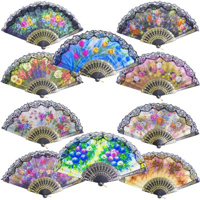 Grosun 10 Pieces Spanish Hand Fan Handheld Fans for Women Floral Spanish Folding Fan Foldable Fan Vintage Fans Handheld Hand Fan for Wedding and Party Decoration