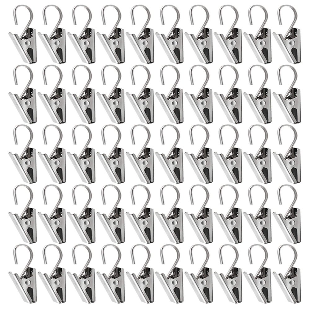 Teenitor 50 PCS Stainless Steel Curtain Hooks Curtain Clips with Hook, Curtain Rod Hooks, S Hooks for Hanging Curtain, Photos, Home Decoration Outdoor Christmas Party Wire Holder