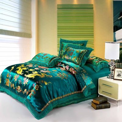 LELVA Chinese Traditional Bedding Asian Bedding Queen with Dragon and Phoenix Bird Embroidery Duvet Cover Set 4pcs (King)