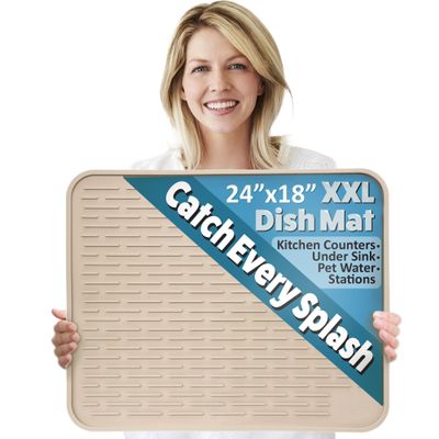 XXL Silicone Dish Drying Mat for Kitchen Counter or Under Sink, 24" x 18" Extra Large, Waterproof Pet Feeding Mat, Dog Food, Water Bowls, Under Drying Racks for Dishes, Coffee Bars, Bar Mats (Beige)