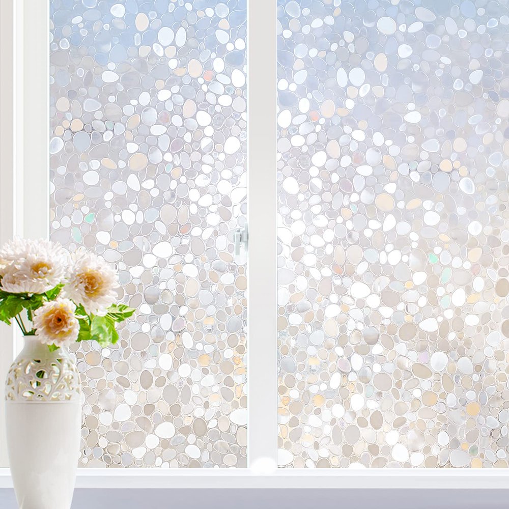 rabbitgoo Window Privacy Film, Decorative Rainbow Window Clings for Glass Covering, Static Cling Non Adhesive Door Stickers UV Blocking, Stained Glass Vinyl Decal, 3D Pebble, 35.4 x 78.7 inches