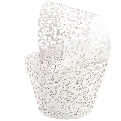 GOLF 100Pcs Cupcake Wrappers Artistic Bake Cake Paper Filigree Little Vine Lace Laser Cut Liner Baking Cup Wraps Muffin CaseTrays for Wedding Party Birthday Decoration (White)