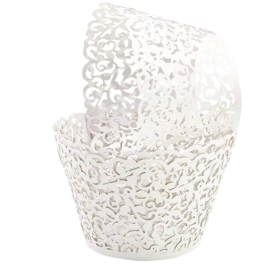 GOLF 100Pcs Cupcake Wrappers Artistic Bake Cake Paper Filigree Little Vine Lace Laser Cut Liner Baking Cup Wraps Muffin CaseTrays for Wedding Party Birthday Decoration (White)