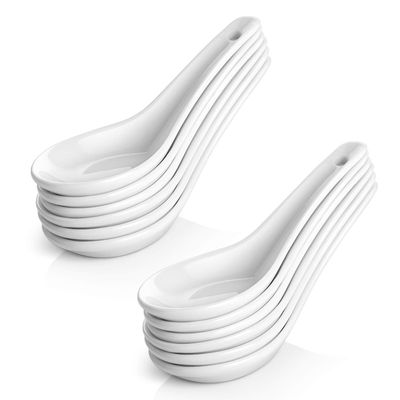 DOWAN Soup Spoons, Ceramic Asian Soup Spoons, White Japanese Spoon Large for Ramen Pho Wonton Dumpling Miso, Deep Oval Hook Design, Set of 12 (12, Soft White)