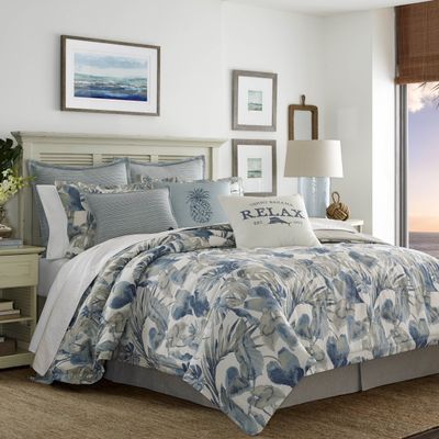 Tommy Bahama - Queen Duvet Cover Set, Soft Cotton Bedding with Matching Shams, Tropical Bedding Set with Solid Reverse (Raw Coast Blue, Queen)