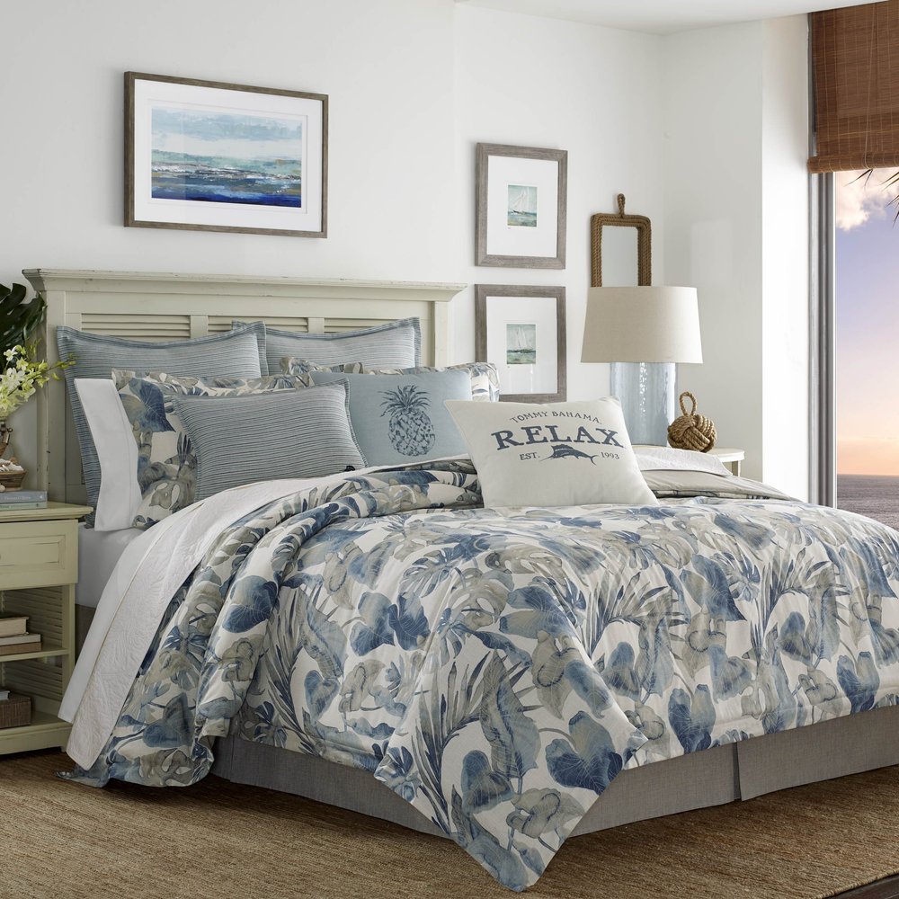 Tommy Bahama - Queen Duvet Cover Set, Soft Cotton Bedding with Matching Shams, Tropical Bedding Set with Solid Reverse (Raw Coast Blue, Queen)