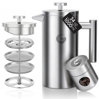 Coffee Gator 304 Grade Stainless Steel French Press Coffee Maker 34 oz, Double Wall Insulated Teapot with 4-Level Filtration System, Include Travel Jar Canister, Rust-Free, Dishwasher Safe, Silver