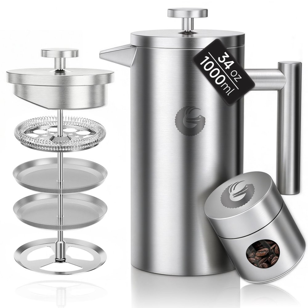 Coffee Gator 304 Grade Stainless Steel French Press Coffee Maker 34 oz, Double Wall Insulated Teapot with 4-Level Filtration System, Include Travel Jar Canister, Rust-Free, Dishwasher Safe, Silver