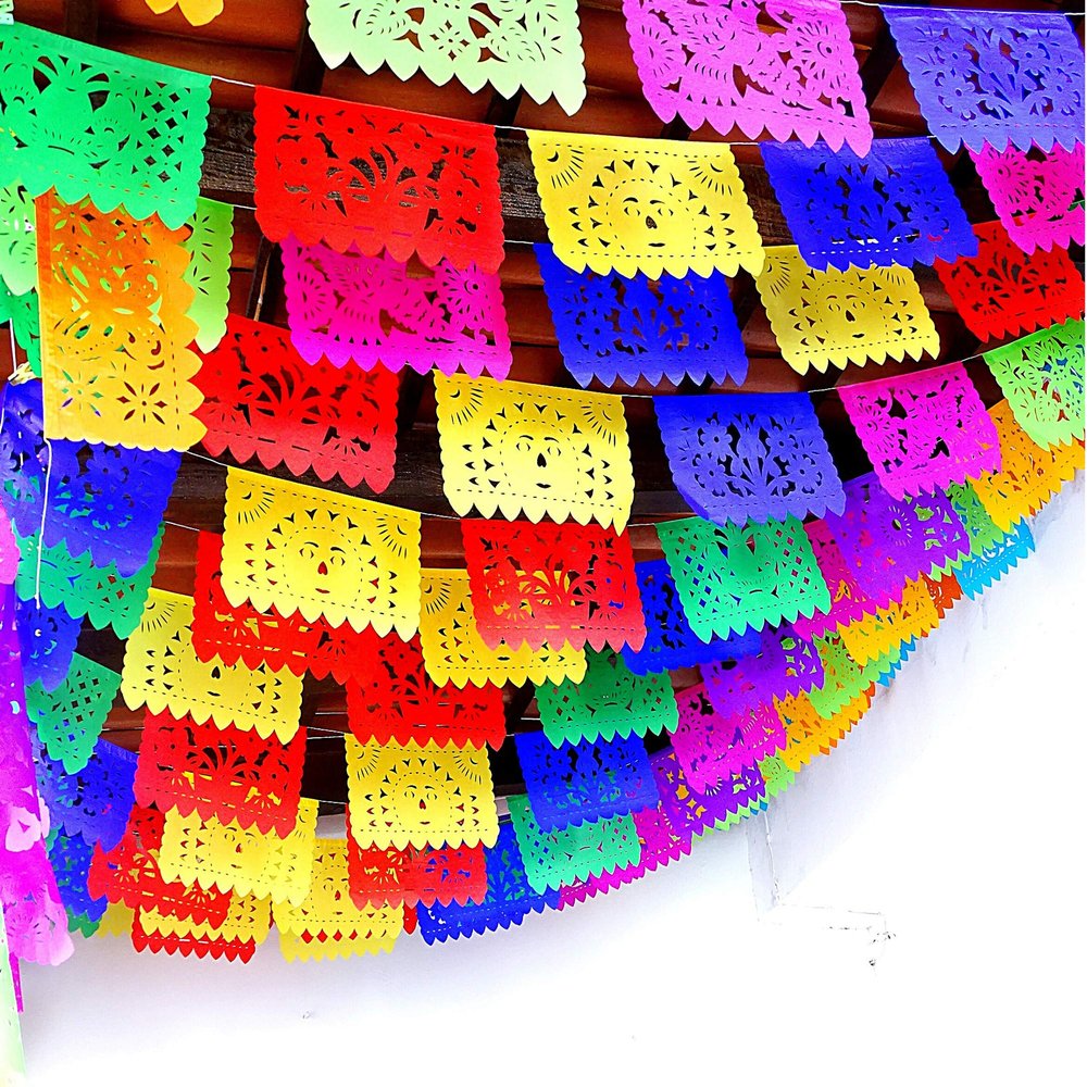 MexFabricSupplies 5 Pk Papel Picado Paper Banners Mexican Party Decorations for Cinco de Mayo, Day of The Dead, Birthdays, Mexican Flags, Taco Party 60 ft