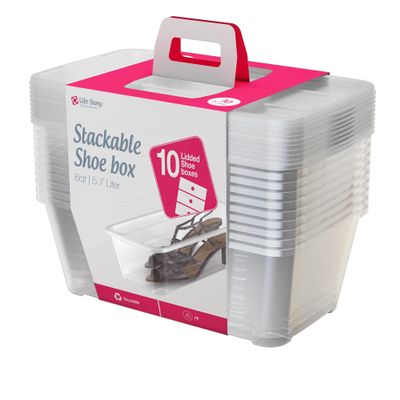 Life Story 10-Pack Plastic Storage Box, Stackable Shoe Organizer Tote Containers, 6 Liter - Clear Bins and Boxes with Lids for Bedroom, Closet, Cabinet, and Garage Organization