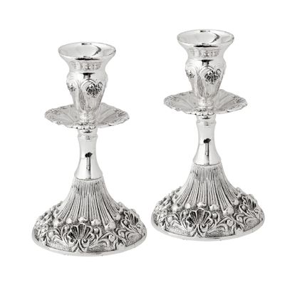 Silver Plated Candlesticks - 2 Pack Set - Pair of 5 Inch Ornate Candle Holders with Round Base and Floral Design