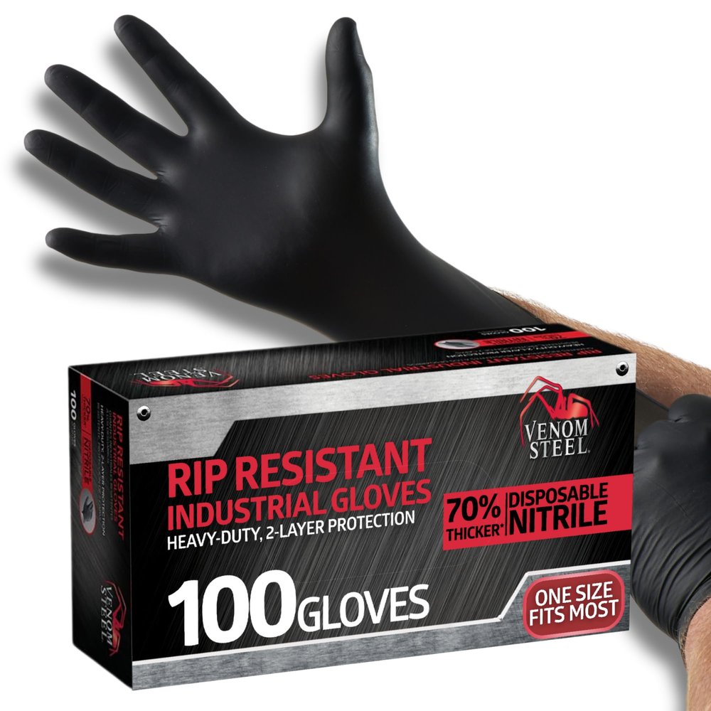 Venom Steel Industrial Nitrile Gloves, 6 mil, 2 Layer Rip Resistant, One Size Fits Most, 100 Count