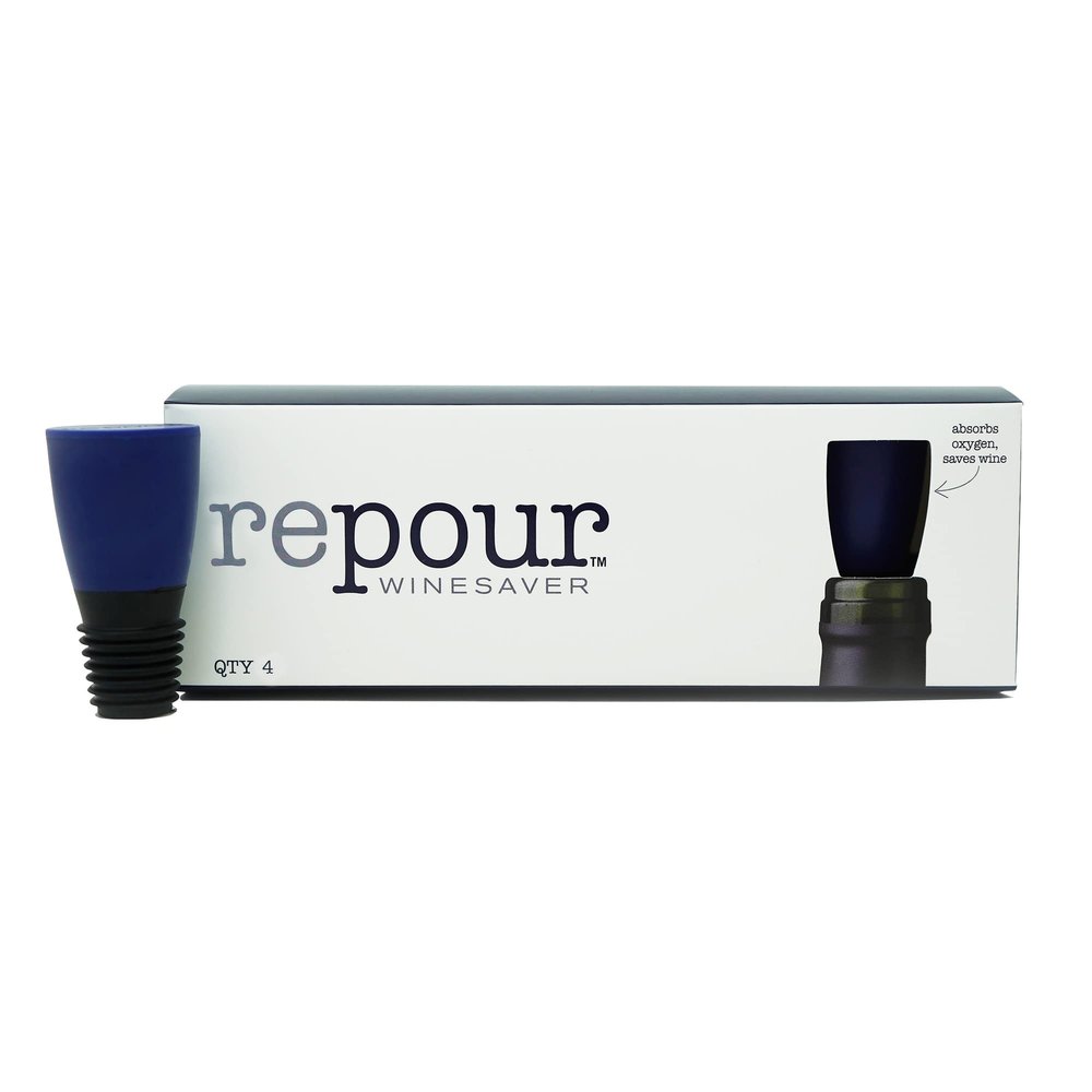 Repour Wine Saver - Wine Preserver and Stopper - Removes Harmful Oxygen from your Wine Simply and Effectively - Indigo Blue 4 Pack