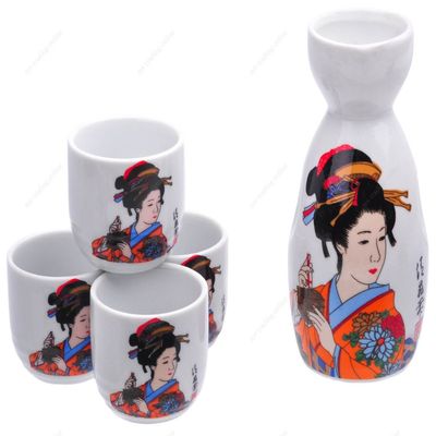 M.V. Trading MSST37V Ceramic Sake Set with Gerisha Design, 6 Ounces Bottle / 2 Ounces Cups