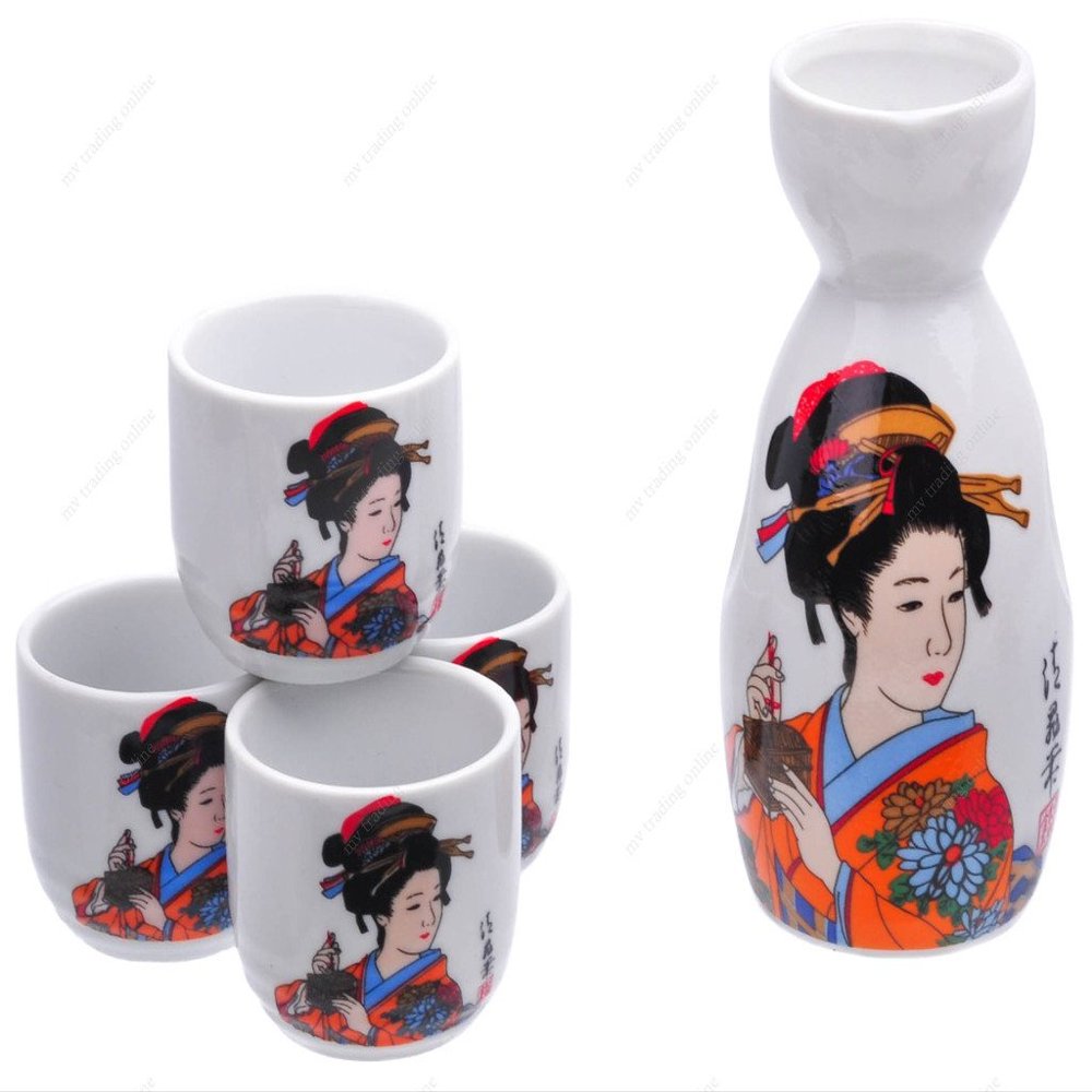 M.V. Trading MSST37V Ceramic Sake Set with Gerisha Design, 6 Ounces Bottle / 2 Ounces Cups
