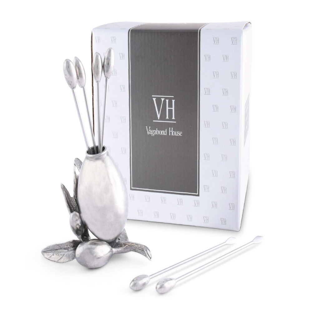 Vagabond House Olive Cheese Martini Olive Cocktail Stainless Steel Pick Set Skewer Fruit Toothpicks(Set of 6) - Silver Color 4 inch Tall