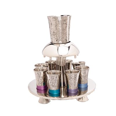 Yair Emanuel Kiddush Fountain set Hammered 8 Cups for Sharing 1 Main Cup Colorful Anodized Aluminum Rings Judaica Gift