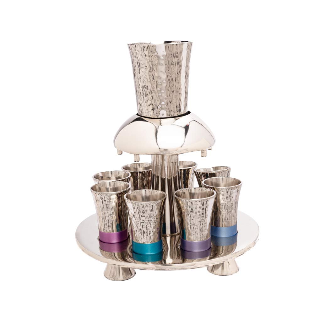 Yair Emanuel Kiddush Fountain set Hammered 8 Cups for Sharing 1 Main Cup Colorful Anodized Aluminum Rings Judaica Gift