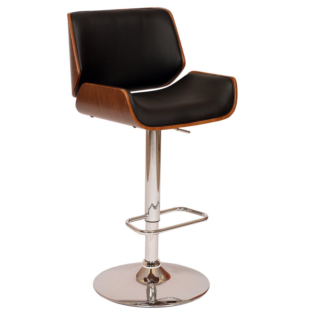 Armen Living London Modern Adjustable Height Swivel Black Faux Leather and Walnut Wood Bar Stool with Chrome Base for Kitchen Island Counter