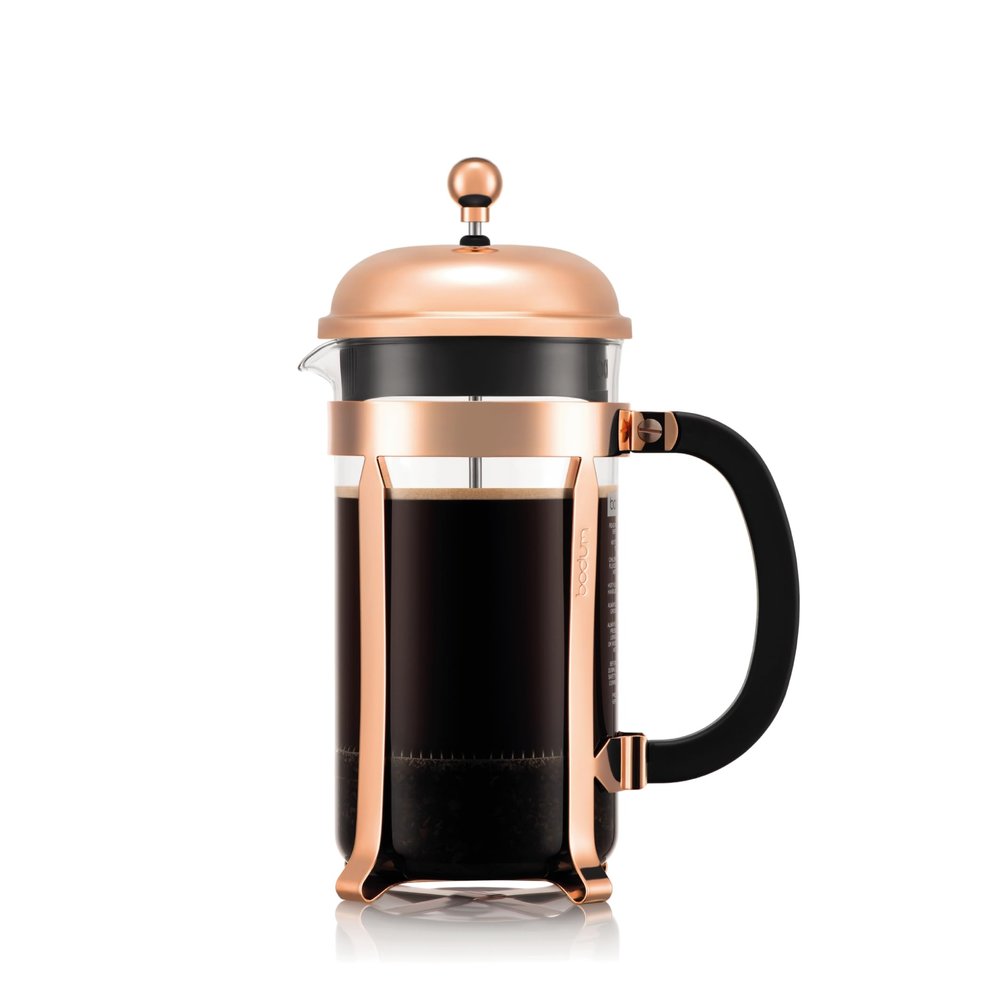 Bodum 34oz Chambord French Press Coffee Maker, High-Heat Borosilicate Glass, Stainless Steel, Copper Made in Portugal