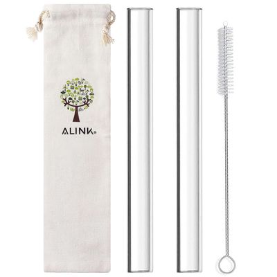 ALINK Glass Boba Straws, 14 mm x 9 inch Reusable Jumbo Clear Bubble Tea Straws for Smoothie, Tapioca Poping Pearls, Shakes, Pack 2 with Cleaning Brush and Case