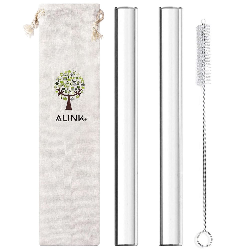 ALINK Glass Boba Straws, 14 mm x 9 inch Reusable Jumbo Clear Bubble Tea Straws for Smoothie, Tapioca Poping Pearls, Shakes, Pack 2 with Cleaning Brush and Case
