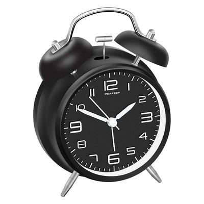 Peakeep 4 Inches Twin Bell Loud Alarm Clock for Heavy Sleepers, Backlight, Battery Operated Old Fashioned Alarm Clock for Bedrooms (3D-Dial, Black)