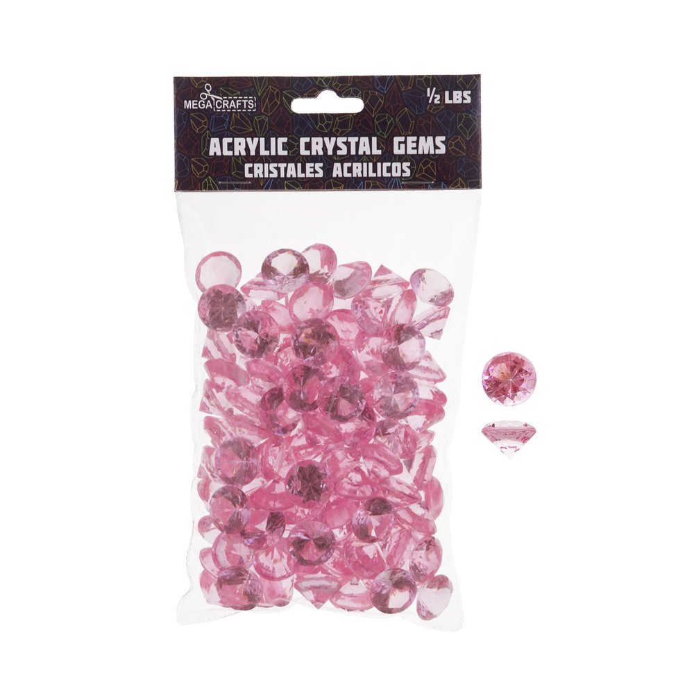 Mega Crafts 1/2 Pound Acrylic Small Diamonds Pink, Sparkling Crystal-Like Plastic Shiny Gems, Arts & Crafts, Vase Fillers, Table Scatters, Weddings, Event Party Decoration, Pebble Stones